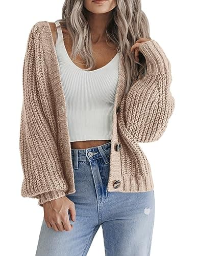 Hotouch Cárdigan Mujer Chaqueta De Punto Mangas De Farolito Chaquetita Tejida Casual Suave Cuello En V con Botones Caqui Abrigo De Punto M