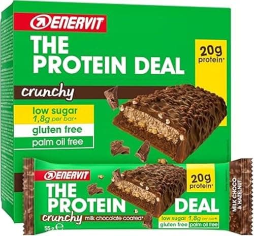 Enervit, The Protein Deal Milk Choco & Hazelnut, Barrette Proteiche, Gusto Nocciola e Cioccolato al Latte, Snack Goloso e Salutare, 20g di Proteine, 1,8g di Zuccheri, Senza Glutine, 12 Barrette da 55g