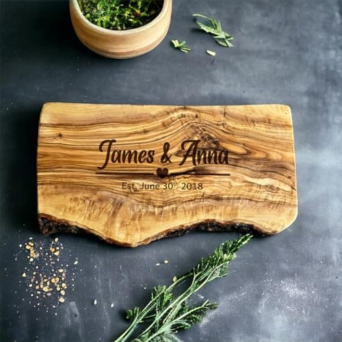 Engraved Olive Wood Chopping Board Personalised Couples Gift Engagement Gift Wedding Gift Anniversary Gift New Home Gift Valentines Day Heart Divider Design in 25cm 30cm 40cm and 50cm (Rustic 25cm)