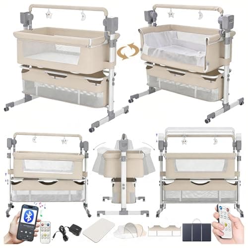 Doraystar Elettrico Bluetooth Intelligente Culla Neonato Next to me, Pieghevole Culla Co-sleeping, Convertibile Letto Fianco Letto con Musica e Telecomando, 5 Ingranaggi Oscillanti (601 Beige)