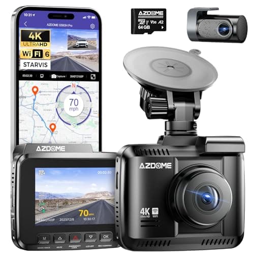 AZDOME Dashcam Auto Vorne Hinten 4K/2,5K GPS WiFi Dash Cam Auto mit Starvis, 64GB SD Karte, Auto Kamera, Parküberwachung, Super Nachtsicht, WDR, 170° Weitwinkel, G-Sensor, Loop-Aufnahme, GS63H Pro