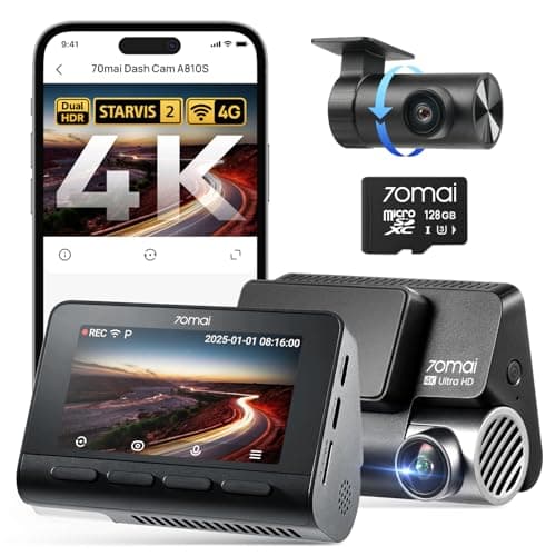 70mai Dash Cam A810S, 4K+1080P Telecamera Auto Fronte e Retro con SD 128GB, Starvis 2 HDR, GPS Integrato, Sorveglianza Parcheggio 24h AI, Visione Notturna, ADAS, WiFi & App, Supporta 512GB