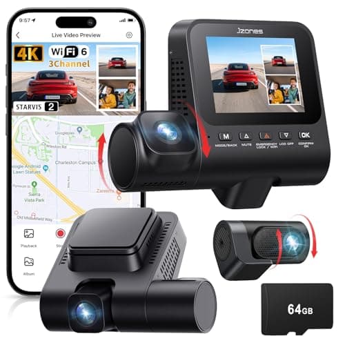 Jzones 3 Canale 4K Dashcam, Registrazione Video 4K+1080P+1080P, Dashcam Auto Anteriore, Posteriore e Interna con Visione Notturna STARVIS 2 e HDR, Parcheggio Sorvegliato 24H, Sensore G, WiFi 6 e GPS