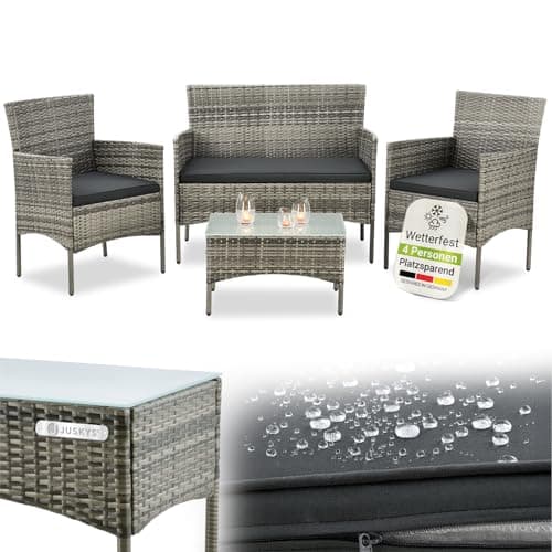 Juskys Salottino in polyrattan Fort Myers 4 Persone con divano a 2 posti, 2 sedie, tavolo e cuscini per seduta resistente alle intemperie grigio melange Mobili da Balcone Set di mobili da giardino