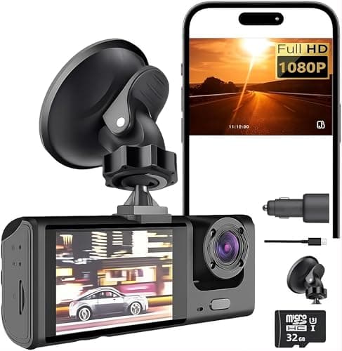 ELECTROMANIA - Dashcam Doble Cámara Coche Full HD con Pantalla y Visión Nocturna, MicroSD 32GB, Cargador USB, Soporte Ventosa, Grabación Bucle, Fácil Instalación, Batería incorporada