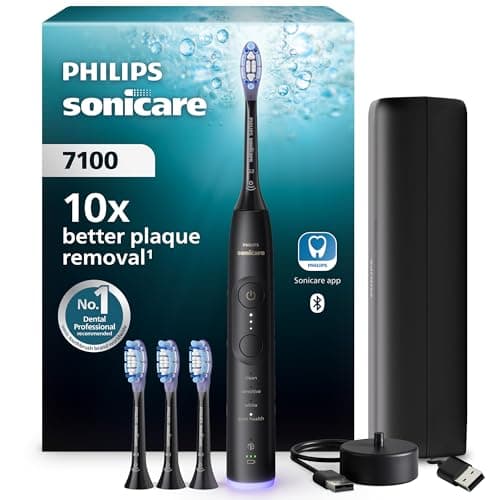 Philips Sonicare 7100 spazzolino elettrico sonico con app, 4 modalità di spazzolamento e 3 livelli di intensità, avviso di pressione, EasyStart, SmarTimer, Nero, modello HX7421/08 [Nuova tecnologia]