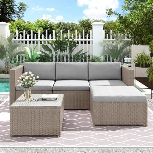 Juego de muebles de jardín de polirratán para 3 – 4 personas, salón de jardín con 3 sofás, taburetes, cojines y mesa de cristal, muebles de terraza, sofá esquinero, para jardín, balcón, terraza