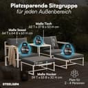 STEELSØN Asteri Sitzgruppe 5-teilig – Gartenmöbel Set mit 2 Sessel, 2 Hocker, 1 Tisch – Balkonlounge Metallgestell Weiß – inkl. Sitzpolster anthrazit – Terrassenlounge für 2-4 Personen – wetterfest - 9