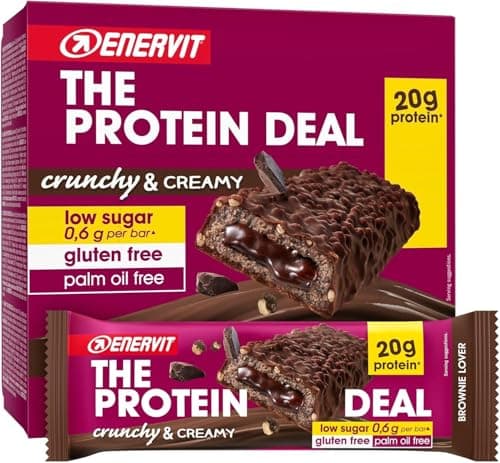 Enervit The Protein Deal Brownie Lover, Barritas Proteicas, Sabor Chocolate Negro, Relleno Suave de Brownie, Snack Delicioso, 20g de Proteínas, 0,6g de Azúcares, Sin Gluten, 12 Barritas de 55g