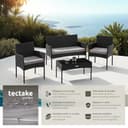 tectake® Set da Giardino in Rattan, 4 Posti, Polyrattan Resistente, Cuscini Idrorepellenti Lavabili, Struttura in Acciaio Stabile, Tavolino con Vetro di Sicurezza, Arredo Esterno - Nero - 2