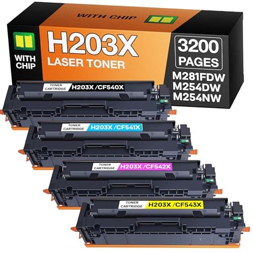 Supply Guy 203X Tóner Compatible con HP Color LaserJet Pro MFP M281fdw M254dw M281fdn M280nw M254nw reemplaza HP 203X 203A – (4X Cartuchos de tóner con Chip CF540X CF541X CF542X CF543X)