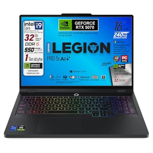 Lenovo Legion Pro 5i, Notebook Gaming, Intel Core i9-14900HX, RAM DDR5 32Gb, SSD 1 Tb, Display HDR 16" WQXGA DCI-P3 100% 240Hz, Nvidia Geforce RTX 5070, Tastiera RGB QWERTY, Win 11Pro, Ready to Use