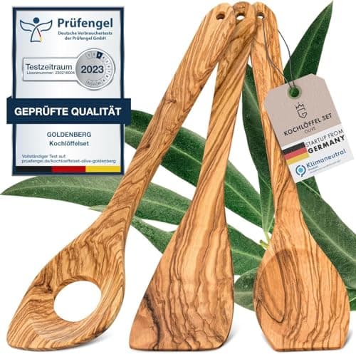 GOLDENBERG® Premium Kochlöffel Set - Made in Europe - feinstes Olivenholz aus Italien - robust, langlebig & antibakteriell -Kochlöffel Holz & Pfannenwender Holz - Kochbesteck Set