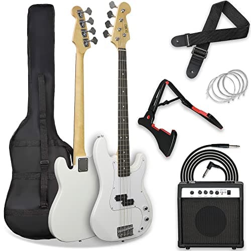 3rd Avenue Kit pacchetto basso elettrico beginner dimensioni standard 4/4 con amplificatore da 15 W, custodia, cavo di connessione, tracolla, stand e corde di riserva – Bianco