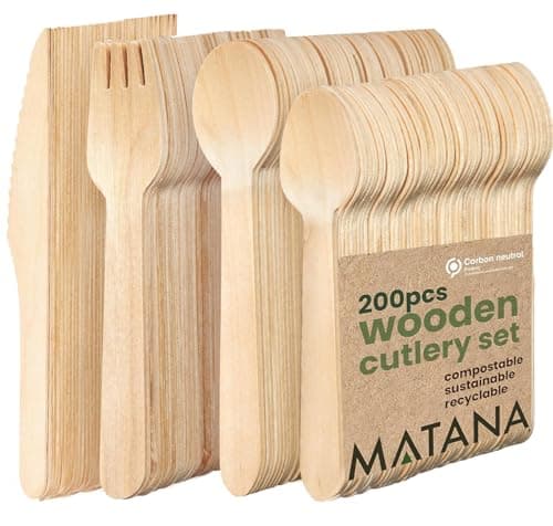 MATANA 200 Posate in Legno Usa e Getta - 50 Coltelli, 50 Forchette, 50 Cucchiai, 50 Cucchiaini - Senza Plastica, Ecologico, 100% Legno Naturale - Feste, Picnic, BBQ, Catering