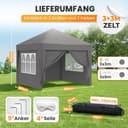 NATURIZ® Pavillon 3x3 Wasserdicht Stabil Winterfest und UV 50+ Schutz - Faltpavillon mit Seitenwänden - Pop Up Zelt für Garten, Camping, Märkte - Gartenpavillon (Grau, 3x3m) - 4
