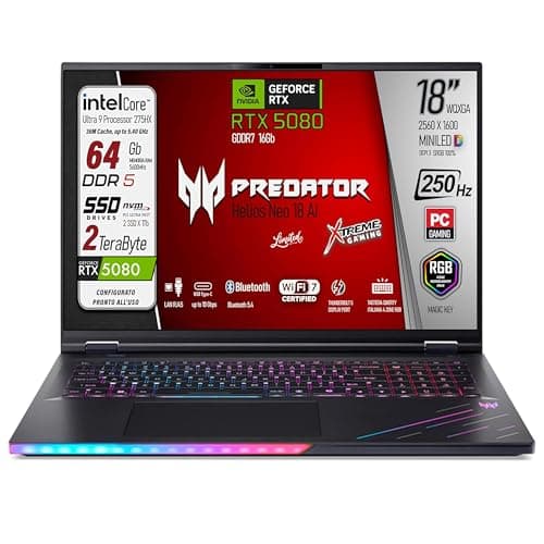 acer Predator Helios 18 Ai Portatile Gaming, Intel Ultra 9-275X, RAM 64 Gb DDR5 SSD 2TB (2x1Tb), Display 18" WQXGA 250Hz MINILED, GeForce RTX 5080 16Gb GDDR7, WI-FI 7, Win 11, Ready to use