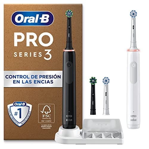 Oral-B Pro 3 Pack De 2 Cepillos de Dientes Eléctricos con Mango Recargable y 4 Cabezales de Recambio, 3 Modos De Cepillado Con Modo Sensible, Temporizador, Diseñado por Braun, Negro y Blanco