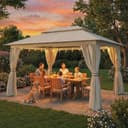 Outsunny 3 x 4 m Outdoor Garden Gazebo with Netting and Curtains, UPF50+ Double Roof Patio Gazebo Permanent Pavilion Canopy Shelter with Metal Frame, Drainage Holes, Beige - 8
