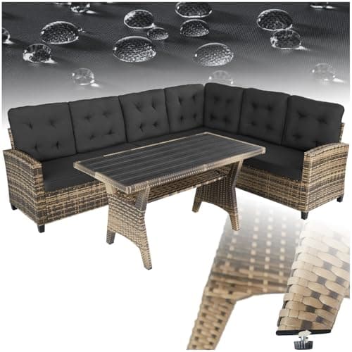 tectake® Conjunto Jardín de Ratán Combinable con Cojines 9 cm, Conjunto Terraza Resistente a la Intemperie, Muebles Jardín Exterior 2 Sofás, 1 Sofá Esquinero, 1 Mesa con Pies Ajustables - Natural