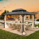 UDPATIO Gazebo da Giardino 3x4 m in Policarbonato, Doppio Tetto con Tende, Gazebo per Esterni Resistente al Vento e UV, Struttura in Alluminio per Giardino, Terrazza, Champagne - 1
