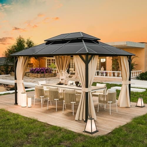 UDPATIO Gazebo da Giardino 3x4 m in Policarbonato, Doppio Tetto con Tende, Gazebo per Esterni Resistente al Vento e UV, Struttura in Alluminio per Giardino, Terrazza, Champagne