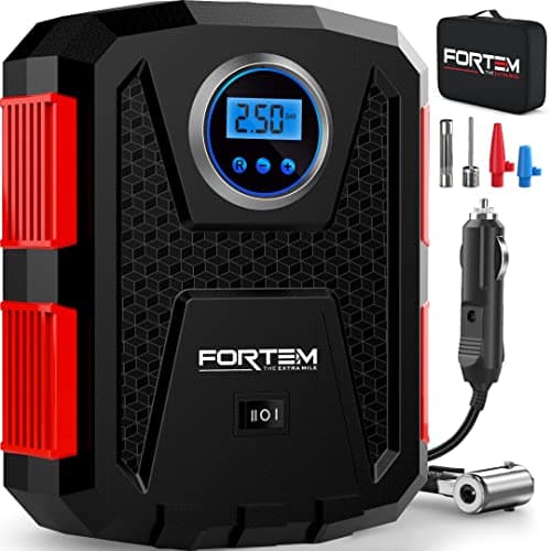 FORTEM Compressore Aria Portatile per Pneumatici, Bicicletta, 12V con Luce a LED, Manometro Digitale, con Gonfiaggio/Spegnimento Automatico, con Custodia (Rosso)