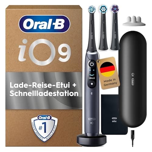Oral-B iO Series 9 Electric Toothbrush, Includes 3 Replacement Toothbrush Heads, Charging Travel Case, Quick Charging Station, 7 Modes for Dental Care, Electric Toothbrush, Designed by Braun, Black