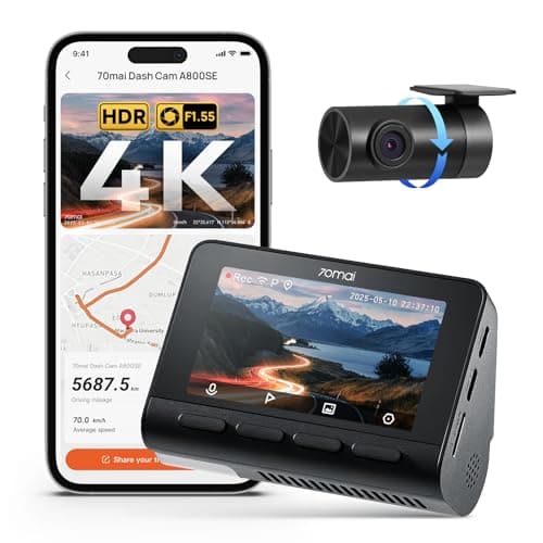 70mai A800SE Dashcam 4K+1080P GPS WiFi, Doppia Telecamera Auto Fronte/Retro, F1.55, HDR, Visione Notturna, ADAS, Schermo 3", Parcheggio 24/7, Supporta fino a 512GB (scheda SD non inclusa)