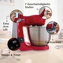 Bosch Küchenmaschine MUM5 MUM5X720, integrierte Waage,Edelstahl-Schüssel 3,9L, Mixer 1,25L, Profi-Knethaken, Planetarisches Rührgetriebe, Rührbesen, Durchlaufschnitzler, 1000 W, Silber/Dunkelrot - 3