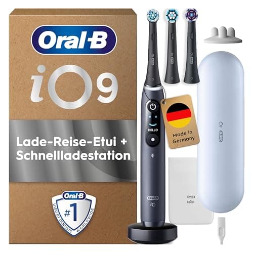Oral-B iO Series 9 Electric Toothbrush, Includes 3 Replacement Toothbrush Heads, Charging Travel Case, Quick Charging Station, 7 Modes for Dental Care, Electric Toothbrush, Designed by Braun, Black