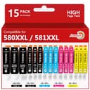 Aurotec 580XXL 581XXL Cartuchos de Tinta Compatibles con Tinta Canon 580 581 XXL PGI-580XXL CLI -581XXL para PIXMA TS8350 TS9550 TS6150 TR8550 TS6351a TS705 TS6300 TS615 TS8152 TS6350(15-Pack) - 1