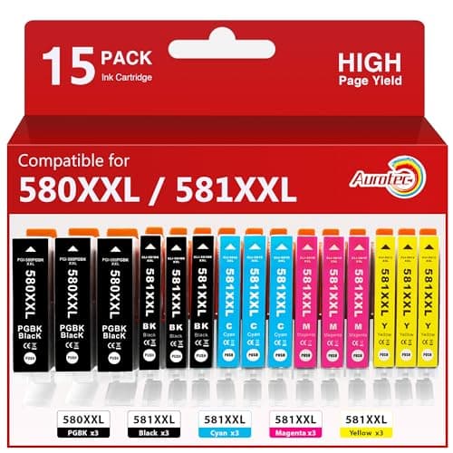 Aurotec 580XXL 581XXL Cartuchos de Tinta Compatibles con Tinta Canon 580 581 XXL PGI-580XXL CLI -581XXL para PIXMA TS8350 TS9550 TS6150 TR8550 TS6351a TS705 TS6300 TS615 TS8152 TS6350(15-Pack)