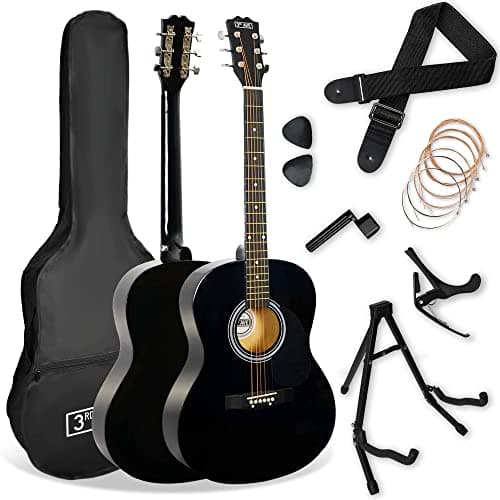 3rd Avenue Pack de guitarra acústica de tamaño estándar 4/4 para principiantes de 3rd Avenue, funda de transporte, púas, cuerdas de repuesto, soporte, correa y cejilla, Negro