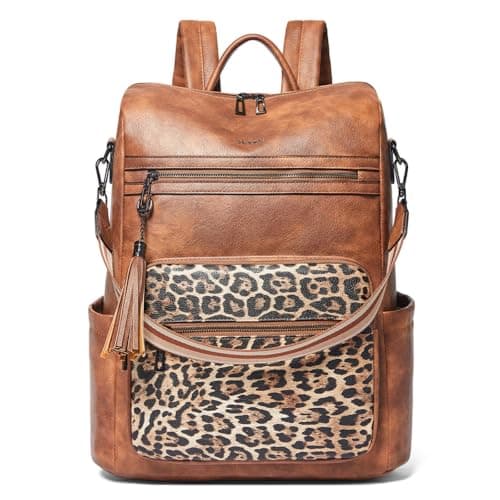 Shrrie 15,6 Zoll Laptop-Rucksack für Damen – Großer Reiserucksack aus Leder, wasserabweisend, für Freizeit, Uni, Arbeit, Handgepäck-Braun mit Leopardenmuster