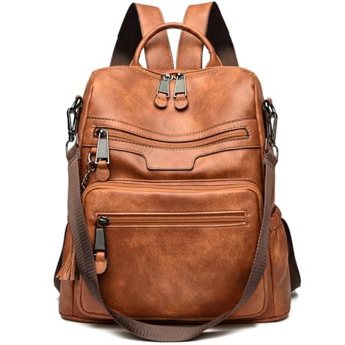 Monitika Damen Rucksack Wasserdicht PU Leder Schultertaschen Modische Lässig Rucksäcke Braun
