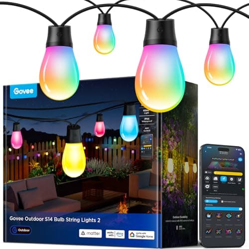 Govee Catena Luminosa Esterno, 15M Lampadine LED RGBIC Bianco Caldo, Controllo APP WiFi con Alexa Luci da Esterno, IP66 Impermeabile, 111 Modalità di Scena, Adatto per Giardino, Balcone, Gazebo