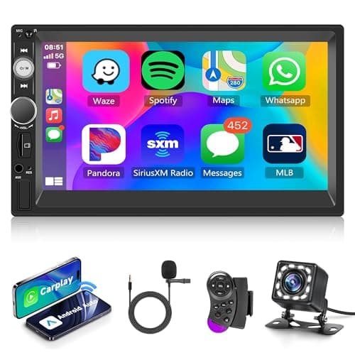 Rimoody Wireless Carplay Double Din Car Stereo, 7 Inch Touchscreen 2 Din Car Radio Head Unit with Android Auto Mirror Link, Bluetooth, FM, EQ SWC/USB/TF/AUX/UI Remote Control + Backup Camera