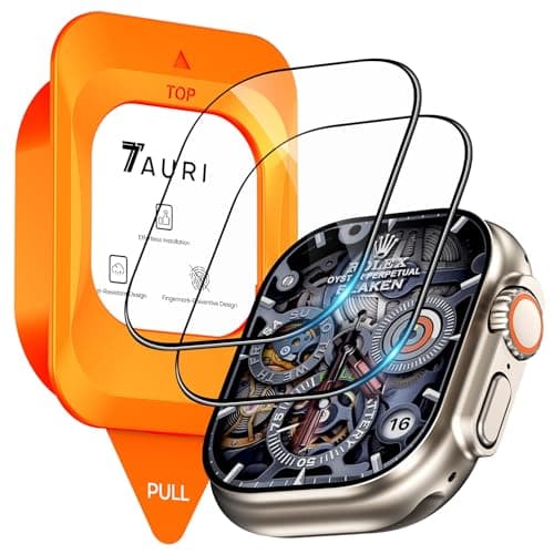TAURI 3 in 1 Panzerglas für Apple Watch Ultra 3/2/1 49mm, 2 Stück 9H Displayschutz mit 1 Stück Auto-Ausrichtungskit, HD Anti-Kratzen Gehärtetes Glas Displayschutzfolie für iWatch 49mm