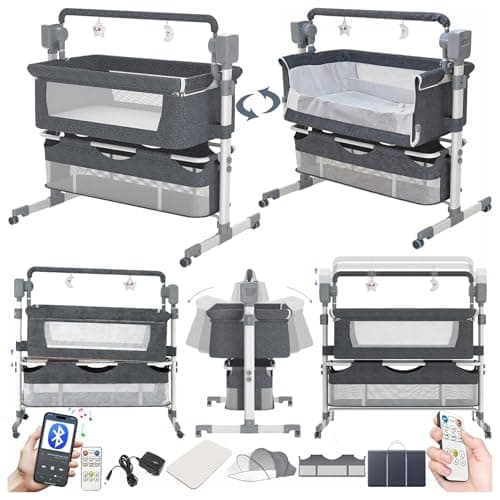 Doraystar Electric Bluetooth Smart Next to Me Crib, Foldable Convertible Baby Bedside Crib, Co-Sleeping Bassinet, Infant Bedside Sleeper Cradle with Music, Remote and 5 Swaying Gears (601 Grey)