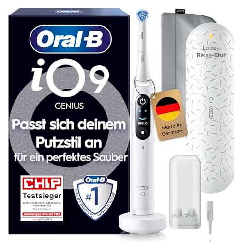 Oral-B iO Series 9 Elektrische Zahnbürste — Electric Toothbrush, Inkl. 1 Aufsteckbürste — 7 Modi für Zahnpflege, CHIP Testsieger (11/25), Designed by Braun, Weiß