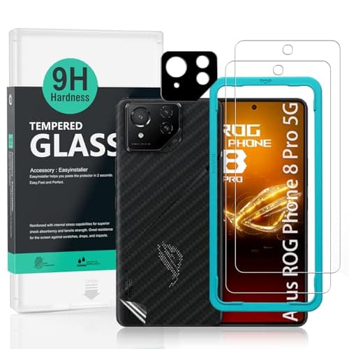 Ibywind 2 Piezas Protector Pantalla para Asus ROG Phone 8 Pro 5G 6.78"+1 Pieza Protector Cámara+1 Pieza Protector Trasera Fibra Carbono,Dureza 9H Cristal Templado,Fácil de instalar