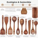 Utensilios de Cocina Madera 12 Pzs - Set de Espátulas y Cucharas de Madera, con Soporte, Reposacucharas y Ganchos. Antiarañazos. Accesorios Cocina con Agarre Cómodo para Sartenes Antiadherentes - 4