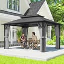 Outsunny 3 x 4m Hardtop Gazebo Canopy with UPF30+ Double Polycarbonate Roof, Aluminium Frame Garden Gazebo Permanent Pavilion with Mosquito Netting and Curtains for Patio, Deck, Grey - 2