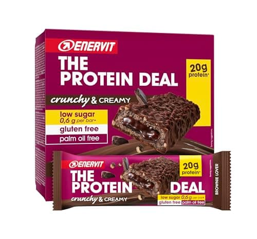 Enervit, The Protein Deal Brownie Lover, Barrette Proteiche, Gusto Cioccolato Fondente, Ripieno Morbido al Brownie, Snack Goloso, 20g di Proteine, 0,6g di Zuccheri, Senza Glutine, 12 Barrette da 55g