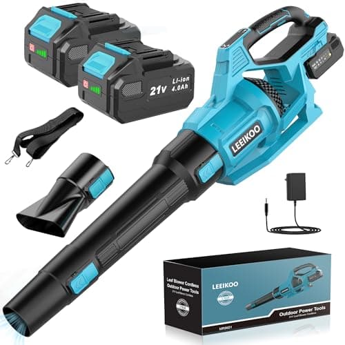 LEEIKOO Soplador de Hojas, Soplador Bateria 21V con 2 Baterías de 4.0Ah, 3 Ajustes de Velocidad, 2 Tubos de Soplado, Correa para el Hombro para Soplar Hojas, Nieve, Polvo y Residuos