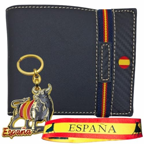 Planta Color Cartera de Piel para Hombre Hecha artesanalmente en Ubrique Hombres y jóvenes, Incluye Llavero y Pulsera de temática española. (87 Negro Grabado Elástico)