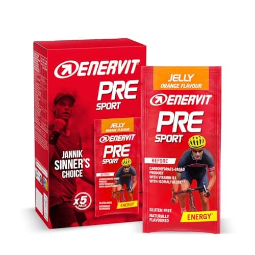 Enervit Pre Sport Naranja, Gelatina Energética, Para Utilizar Antes de la Actividad Física, Fórmula Innovadora con 25g de Carbohidratos, Vitamina B1, Sabor Naranja, Sin Gluten, Vegano, 5 Pack de 45g