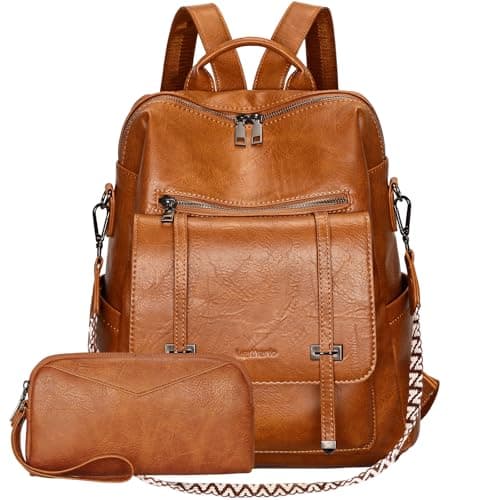 Leathario Mochila Mujer de Cuero PU con Multibolsillos, Mochila Casual y Funcional para Uso Diario, Viajes, Escuela y Universidad Marrón Esmaltado Premium