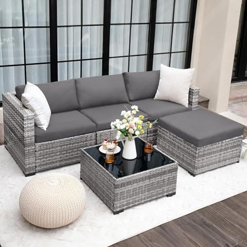 UDPATIO Rattan Garden Furniture Sets of 5,Corner Sofa Set 4 Seaters with Coffee Table,Outdoor Furniture Sectional Modular Combination with Cushion for Balcony,Patio,Grey